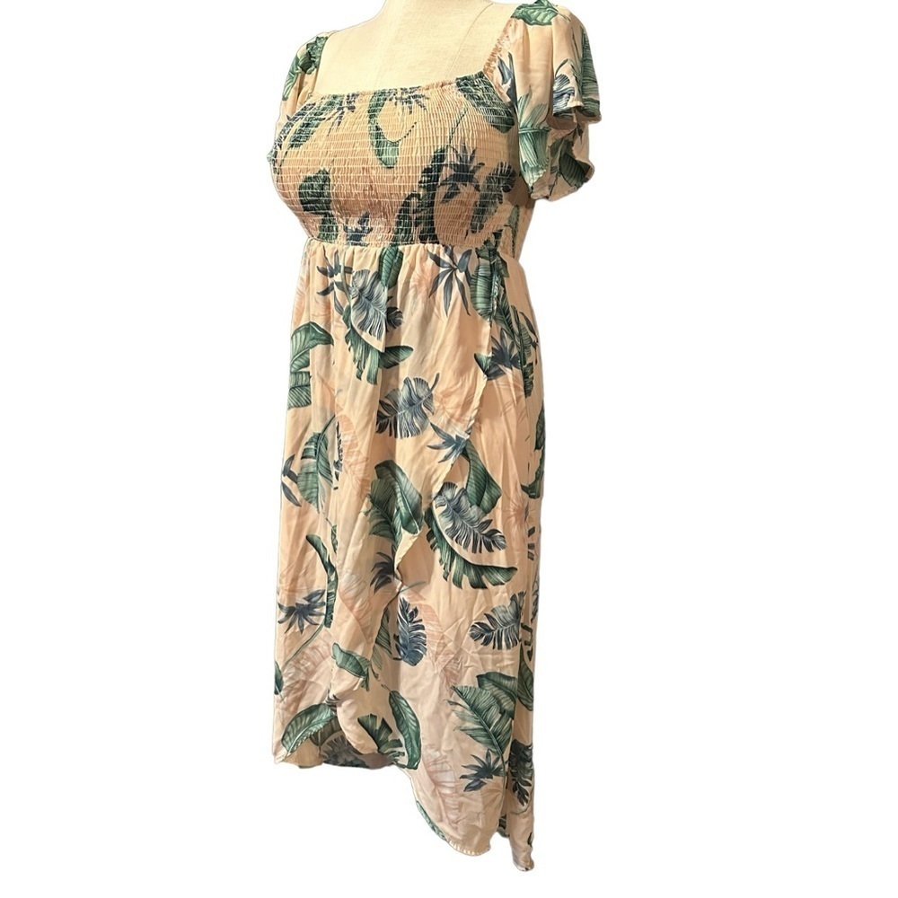 PINKBLUSH MATERNITY peach leaf print smocked off shoulder dress (post-baby also)
